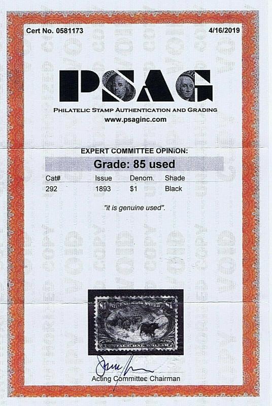  SC# 292 USED $1 WESTERN CATTLE  IN STORM 1898  2019 PSAG CERT GRADED VF XF 85 