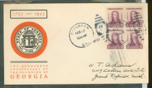 US 726 1933 3c Georgia bicentennial/James Oglethorpe bl of 4 on an addressed FDC with a Linprint cachet