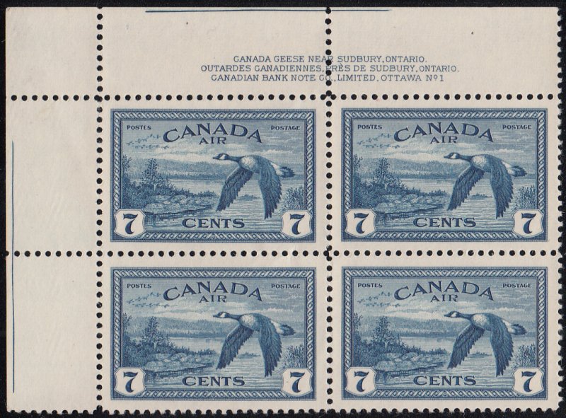 Canada 1946 MNH Sc C9 7c Canada geese Plate 1 Upper left plate block