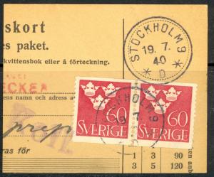 SWEDEN 1939 60o THREE CROWNS Issue Sc 282 on Piece w STOCKHOLM 9 D cds