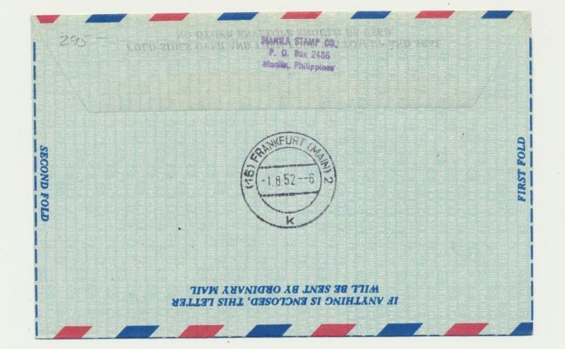 PHILIPPINES 1952 EARLY 1sT FLT MANILA-GERMANY AIR LETTER, HABERER CAT#2418