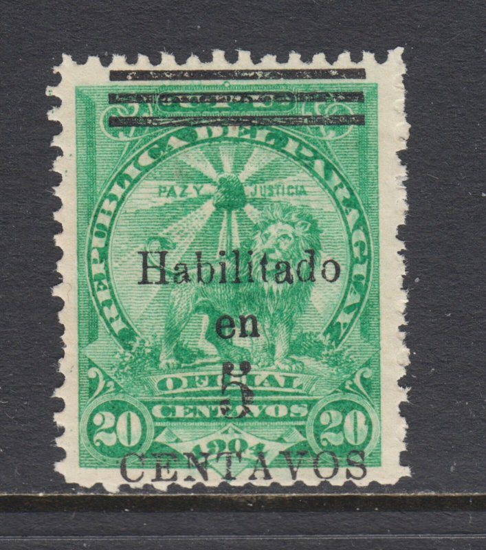 Paraguay Sc 133 MLH. 1908 5c on 20c with shifted surcharge, fresh, bright