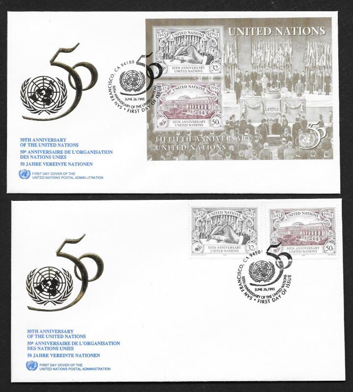 UNITED NATIONS San Francisco FDCs (2) 50 United Nations Anniversary 1995 UNPA