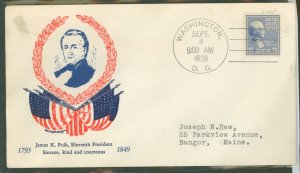 US 816 11c James Polk, (part of the 1938 Presidential Definitive Series-Prexies, on an addressed (typed) FDC  with a Grandy