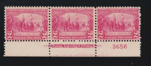 US 329 2c Jamestown Expo Mint Bottom Plt #3656 Strip of 3 F-VF OG NH SCV $260