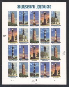 SCOTT 3787-91 2003 37 CENT SOUTHEASTERN LIGHTHOUSE ISSUE PANE 20 MNH VF CAT $37!