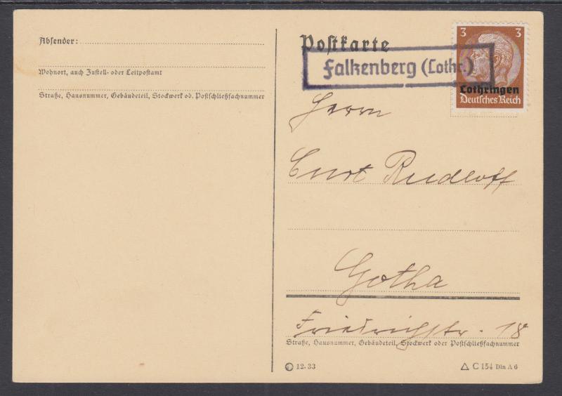 Germany, Occupation of Lorraine, Sc N43 used on Post Card to Gotha