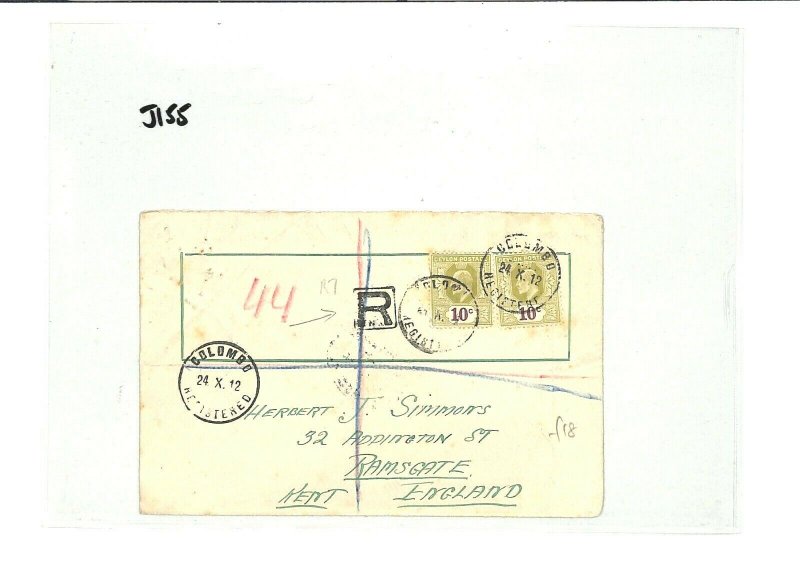 CEYLON *Colombo Registered* CDS KEVII 20c Rate Usage Ramsgate GB Kent 1912 GJ155