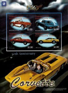 Tobago Cays 2003 - Corvette, 50th Anniversary, Classic Cars - Sheet of 4v - MNH