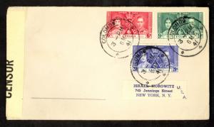 CEYLON 1941 CENSORED Cover COLOMBO to USA with KGVI CORONATION STAMPS