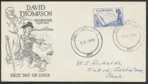 1957 #370 David Thompson FDC BG Cachet Saskatoon SASK Barrels