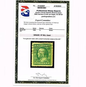 GENUINE SCOTT #331 USED 1908 GREEN WASHINGTON PSE CERT GRADED VF-80J JUMBO