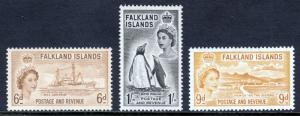 FALKLAND ISLANDS — SCOTT 125//127 — 1955-57 QEII HIGH VALUES — MH — SCV $27.50