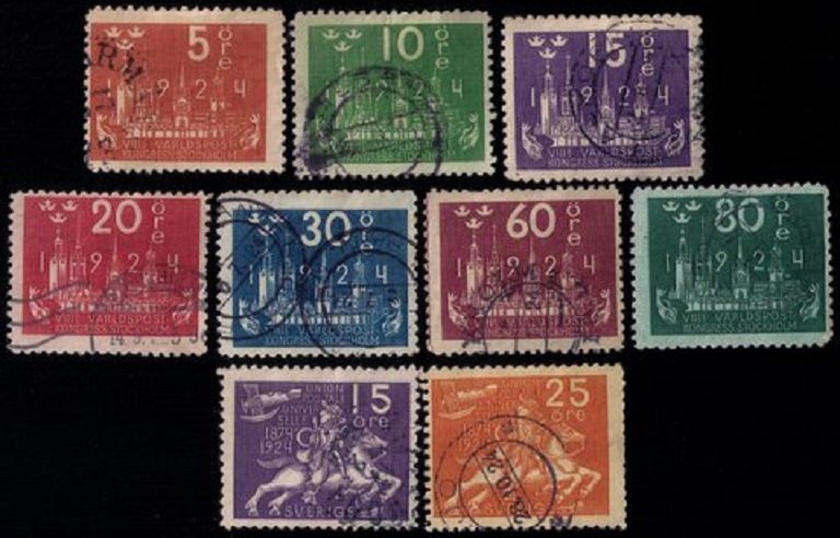 SWEDEN Sc #213-223 (1924) UPU Postal Congress incomplete set, Used F-VF Cat.$150