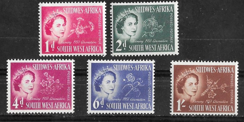 South West Africa # 244-48  QE II Coronation 1953  (5) VLH Unused