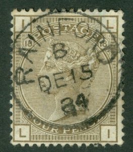 SG 160 4d grey-brown plate 18. Very fine used with a Rainford, Dec 15th 1884 CDS