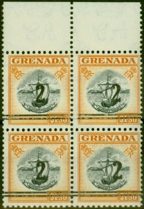 Grenada 1965 2 on $1.50 Black & Brown-Orange Revenue Fine MNH Block of 4 