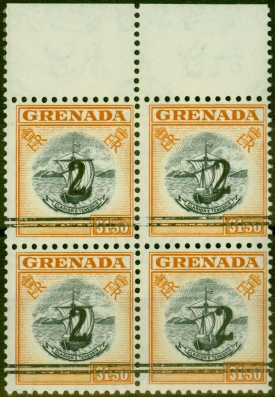 Grenada 1965 2 on $1.50 Black & Brown-Orange Revenue Fine MNH Block of 4 