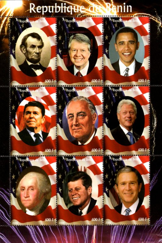 Benin 2009 US Presidents Lincoln Obama Bush JFK Clinton 9v Mint Sheet (L-85)