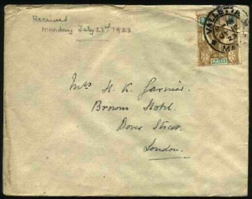 MALTA 1923 cover Valetta to UK.............................................30395