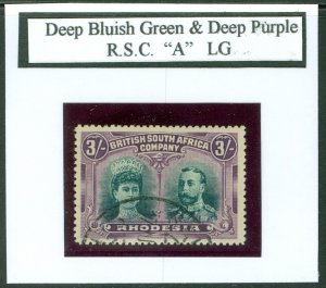 SG 158 Rhodesia 1910-13. 3/- deep bluish-green & deep purple. A very fine used..