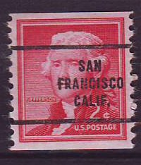 San Francisco CA, 1055-63 Bureau Precancel, 2¢ coil Jefferson