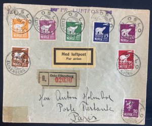 1926 Oslo Norway Airmail Cover To Paris France Sc#104-110 Polar Bear Stamp Set
