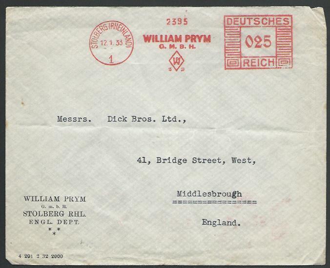 GERMANY 1933 cover red meter STOLBERG, William Prym........................57065