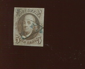 1 Franklin Imperf Used Stamp with Blue Paid & MS Cancels (Stock Bx277)