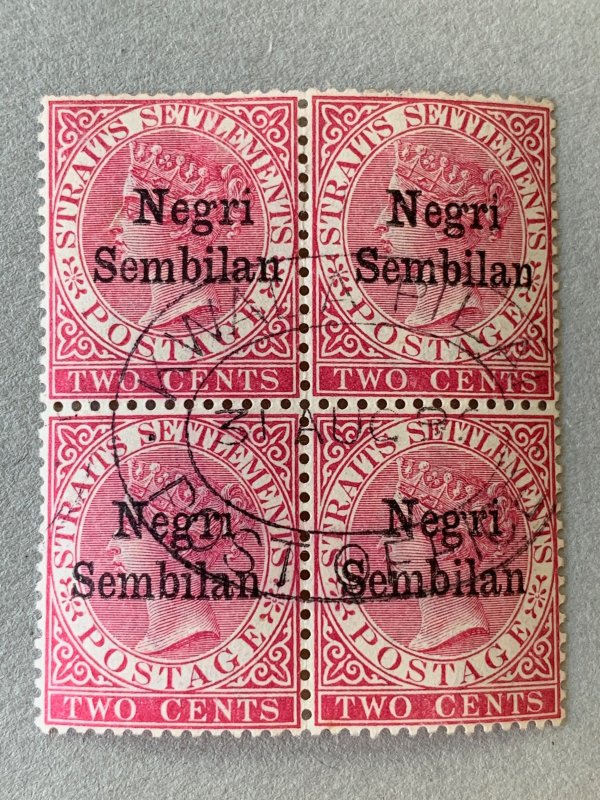 Malaya Negri Sembilan showpiece 1891 block KWALA PILAH 1893 cancel.Scott 1, SG 1