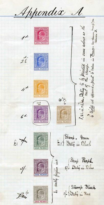 Bahamas KEVII 1902 Appendix sheet A with 8 Different Colour Trials (1d value)