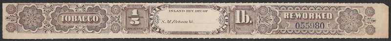 CANADA 1880-85 1/5th LB Brown RE-WORKED Tobacco Tax Paid Revenue Rouletted P-403