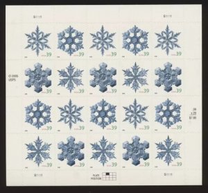 ​(L) USA Sc#4101-4104 SNOWFLAKES Winter Holiday 39¢ Full Sheet of 20  MNH