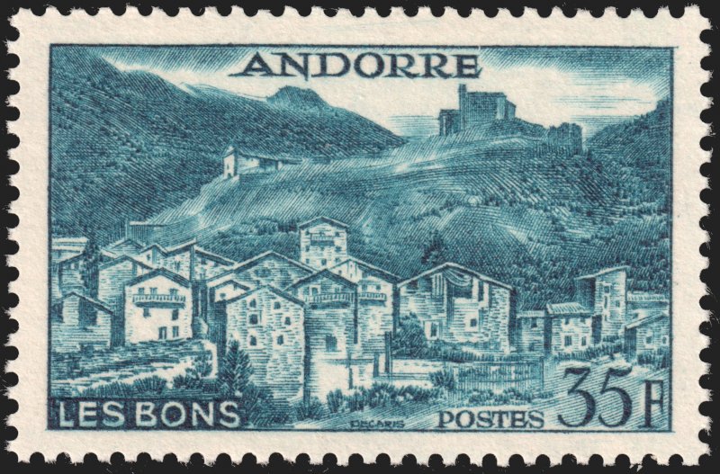 Andorra (French) #137  MOG - 35fr pruss blu Village of Les Bons (1957)