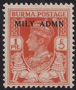 Burma 1945 KGV1 1 Pie Red Orange MM Ovpt MILY ADMIN SG 35 ( 92 )