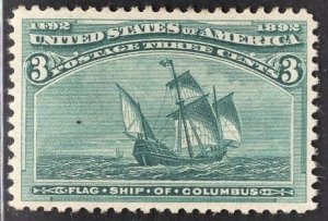 US Stamp#232 3c Green Flagship of Columbus MINT Regummed SCV $ $35 (as hinged) 