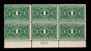 AFFORDABLE SCOTT #JQ1 MINT OG NH PLATE #6225 BOCK OF 6 PARCEL POST DUE SCV $750