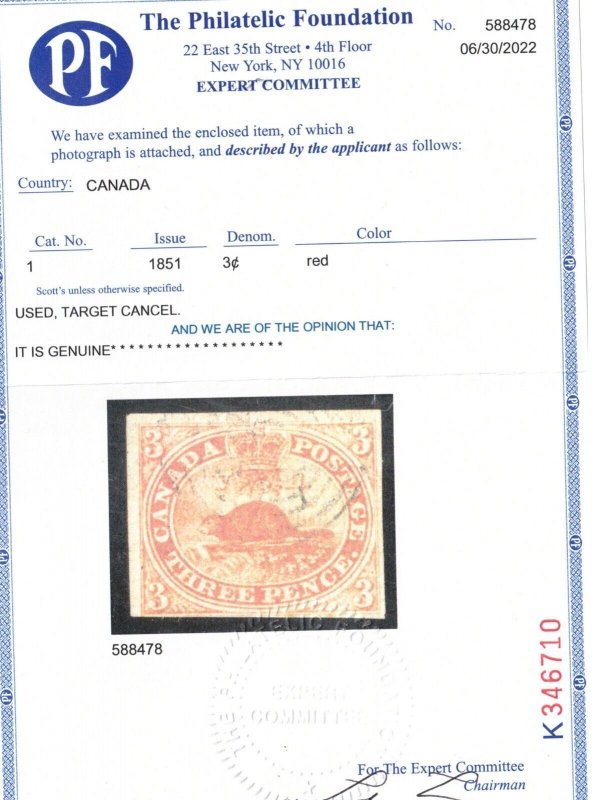 Canada #1 Used Fine+ With Light Cancel **With Certificate** 