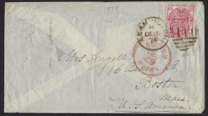UK US 1874 SG 144 LEAMINGTON  DEC. 15. 1874  TO BOSTON  IN RED