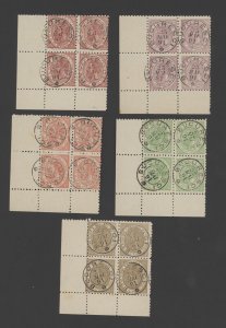 Romania Scott #108-112 Lower Left Corner Blocks of 4, Complete Set Used