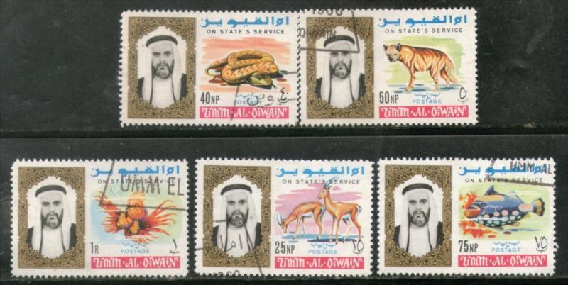 Umm Al Qiwain 1965 Wild Life Animals Fish Snake Deer Sc O1-5 Service Cancelle...