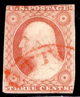 US Stamp #10 3c Orange Brown Type I SCV $185. Nice Orange Red Cancel.