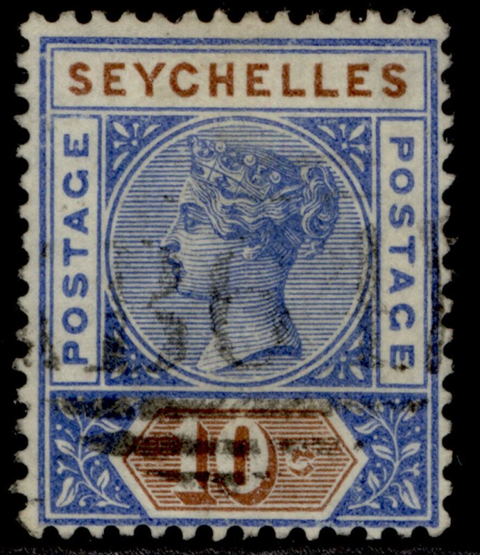 SEYCHELLES QV SG12, 10c bright ultramarine & brown, FINE USED.