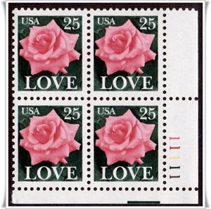 SC#2378 25¢ Love Plate Block: LR #11111 (1988) MNH