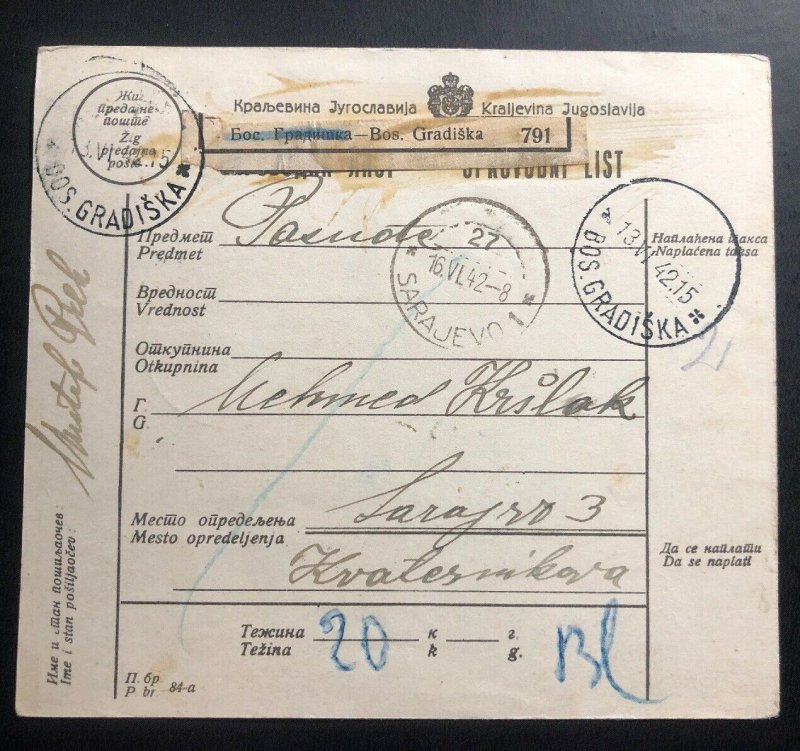 1942 Gradiska Croatia Germany State Parcel Receipt Cover To Sarajevo