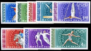Hungary #C279-283 Cat$30, 1968 Mexico Olympics, imperf. set of eight, never h...