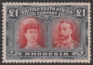 RHODESIA 1910 KGV Double Head £1 rose-scarlet & bluish-black. Rare top value.