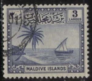 Maldive Islands 21 (used) 3L palm tree & seascape, dp blue (1950)