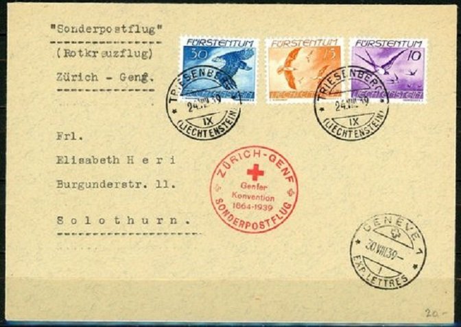 LIECHTENSTEIN 1939 SCOTT #C17,C18,AND C20 VIA ZURICH POSTAL HISTORY COVER VF