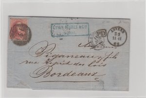 Belgium, 1862, Scott 12, 40c King Leopold I Issue Cover (Antwerp to Bordeaux) 